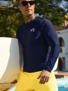 Manfinity Swimmode 2pcs/Set Men Letter Print Zip Front Long Sleeve Top And Shorts Swimsuit Set