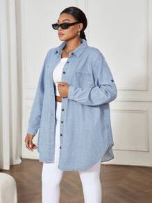 SHEIN ICON Blue Plus Size Denim Dress Casual Loose Long Sleeve Shirt Dress Casual And Comfortable, Fall Women Clothes - Light Wash - View 4