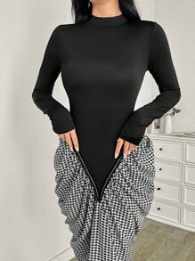 Modelyn Women's Extra Long Knitted Splice Elegant Curve-Hugging Bodycon Dress - Black - View 5