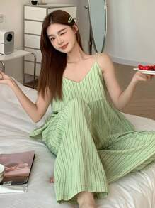 DAZY Women's Striped Camisole And Straight Pajama Pants Sleepwear Set - Green - View 8