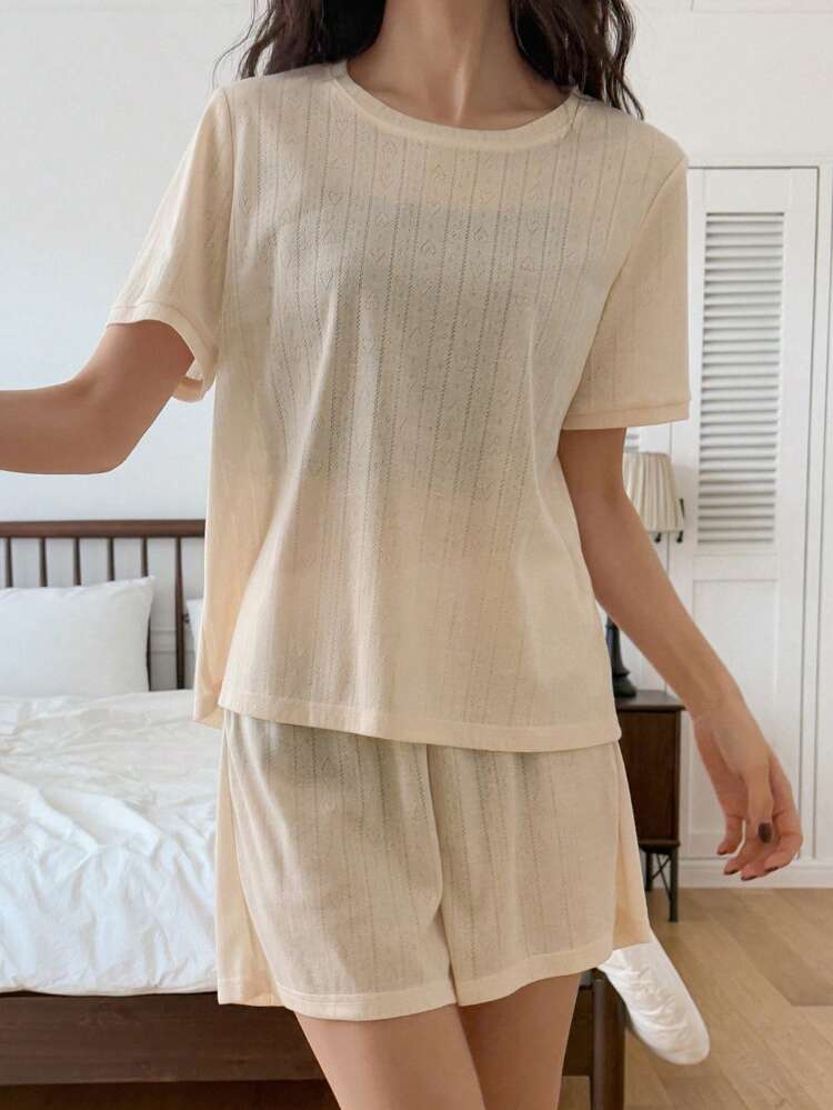 Solid Color Jacquard Texture Short Sleeve & Shorts Loungewear Set Pajama