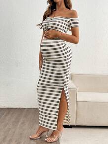 SHEIN Off-Shoulder Hollow Striped Maternity Dress, For Vacation & Commuting