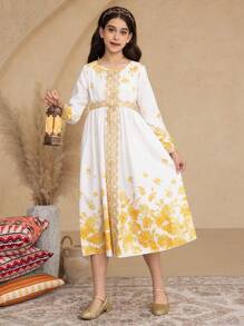 Tween Girls' Elegant Floral Lace & Gradient Rose Print Long Sleeve Dress, Suitable For Daily Work, Parties, Family Gatherings, Casual Vacation, Spring/Summer - White - View 5