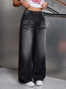 SHEIN Explorewe Teen Girl Rhinestone Accent Wide Leg Jeans, Street Style Cool - Black - View 3