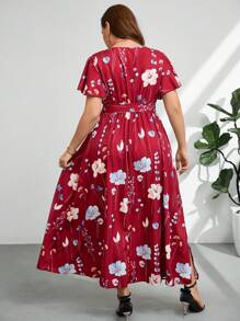 Firerie 大码女式夏季 V 领宽松随意花卉印花系带开衩连衣裙，度假风格 - 酒紅色 - 查看 3