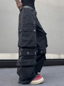 Manfinity EMRG 男式休闲洗水宽松工装牛仔裤 - 黑色 - 查看 3