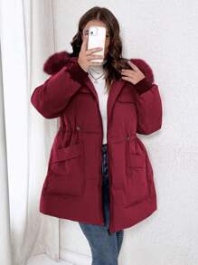 Calvaya Plus Size Solid Color Drawstring Waist Faux Fur Hooded Winter Jacket - Red - View 4
