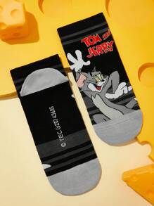 TOM & JERRY X SHEIN 2 pares de calcetines de media pierna suaves, transpirables y antideslizantes de color block de moda, con refuerzo en el dedo del pie y el talón, resistentes al desgaste, unisex en negro y azul, para todas las temporadas