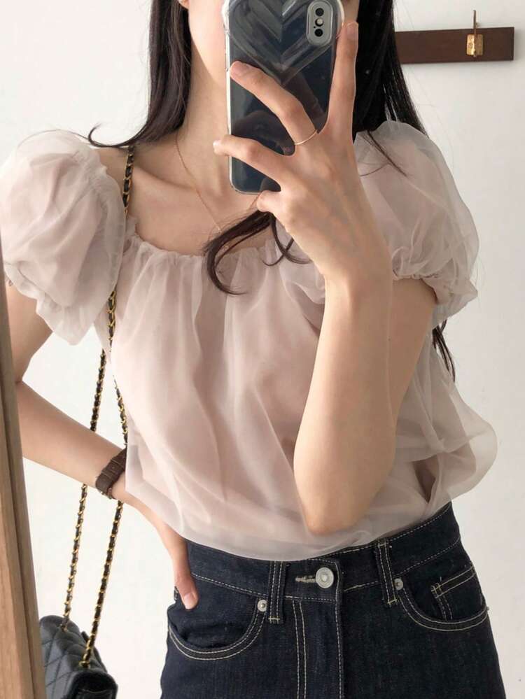 Women Contrast Mesh Puff Sleeve Blouse, Spring/Summer Cute Tops