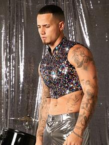 FeverCity Men's Sleeveless Mesh Sequins Cropped Tank Top - Multicolor - View 4