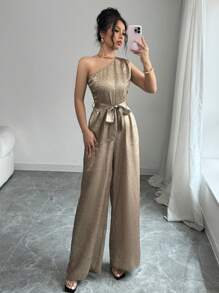 Elenzga Strapless Ruched Tie-Knot Metallic Feel Jumpsuit - Gold - View 6