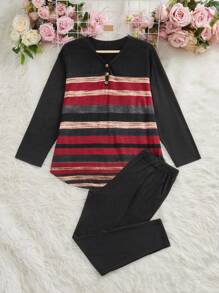 SHEIN VCAY Plus Size Casual Contrast Striped Long Sleeve Top & Pants 2 Pieces Set - Multicolor - View 1