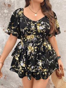 Breezaya Plus Size Fashion Black Printed Double Layer High Waist Jumpsuit - Black - View 4