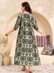 SHEIN 宽松可爱休闲校园日常圆领蝴蝶结复古印花中长连衣裙，适合少女度假春夏季 - 綠色 - 查看 2