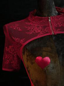 SpicyHot Bộ 2 đồ lót liền thân ren khoét rỗng ngày lễ tình nhân có khóa kéo phía trước cực kỳ gợi cảm dành cho nữ Đồ lót cô dâu khi đi chơi - Màu Đỏ Sâu - Xem 4