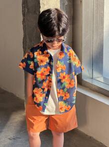 SHEIN 2pcs/Set Young Boys Hawaiian Flower Print Shirt & Shorts Set, Comfortable, Breathable, Cool & Moisture Wicking, Suitable For Spring/Summer, Daily, Sports, Outdoor, School, Party, Holiday, Photo Shooting, Back To School