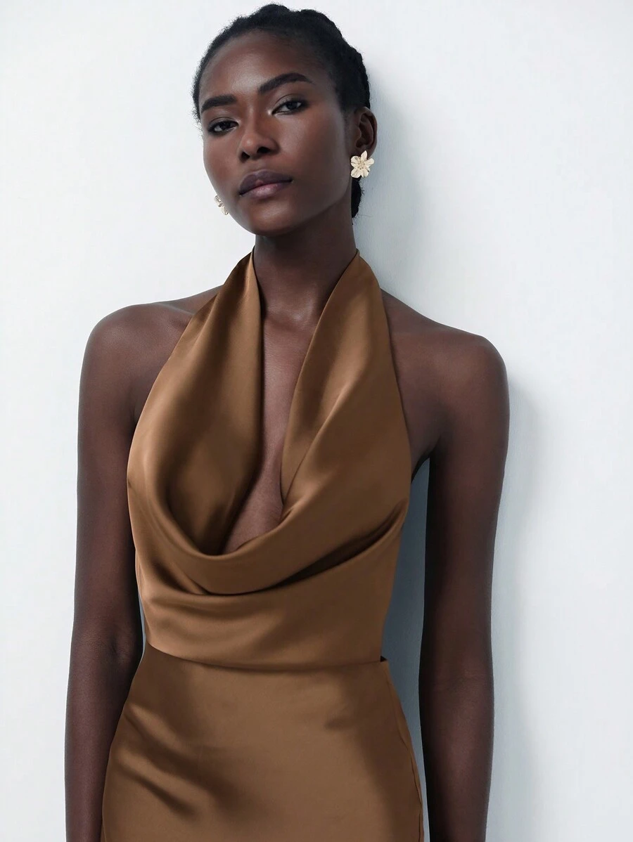 Aveloria Modichic Elegant Satin Plunging Backless Dress, Brown Color, Suitable For Party - Brown - View 1