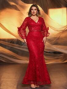 Glamrae Đầm dạ hội dáng đuôi cá ren tay bồng màu hồng nhạt đính hạt cườm và sequin, cỡ lớn, thanh lịch, thích hợp cho tiệc prom, tiệc Valentine. - Đỏ - Xem 4