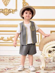 SHEIN 3pcs/Set Baby Boy Casual Luxurious Round Neck T-Shirt, Vest And Shorts Set, Suitable For Spring And Summer - Grey - View 4
