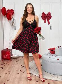 SHEIN Essnce Plus Size Women's Black And Red Valentine Day Heart Dress, Lace Stitching Suspender Short Dresses For Summer,Holiday,Rave Date Night Club Outfits - Multicolor - View 7