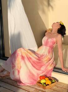 DAZY Women Tie-Dye Print Drawstring Front Strap Mid-Calf Casual Dress