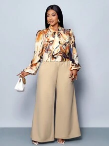 SOLERSUN "Plus Size Women's Fashion Bowknot Long Sleeve Shirt And Long Loose Wide Leg Pants Set For Everyday Casual Wear, Vacations, Picnics, Dates, Music Festivals, Valentine's Day, Graduation Season, Parties, Etc " Fall Cloth For Women - Apricot - View 6