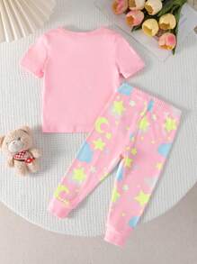 2 件装婴儿/女婴可爱动物印花短袖连体衣和裤子睡衣套装