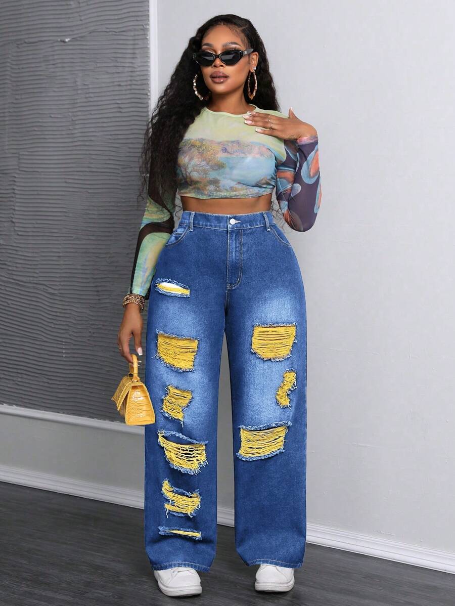 SHEIN SXY Plus Size Vintage Distressed Denim Color Mesh Long Pants - Medium Wash - View 1