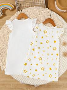 Robe d'été deux pièces avec col rond et manches courtes, style casual, avec imprimé croissant de lune du Ramadan et lanterne, pour jeune fille - Blanc - Voir 2