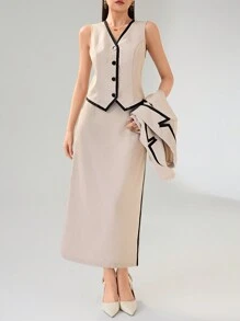 Modelyn Women's Elegant Commuter Contrast Trim Vest, Lapel Jacket And Skirt 3 PiecesSuit Set - Multicolor - View 5