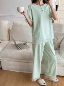 DAZY 2 件套女士条纹宽松短袖睡衣套装 - 綠色 - 查看 1