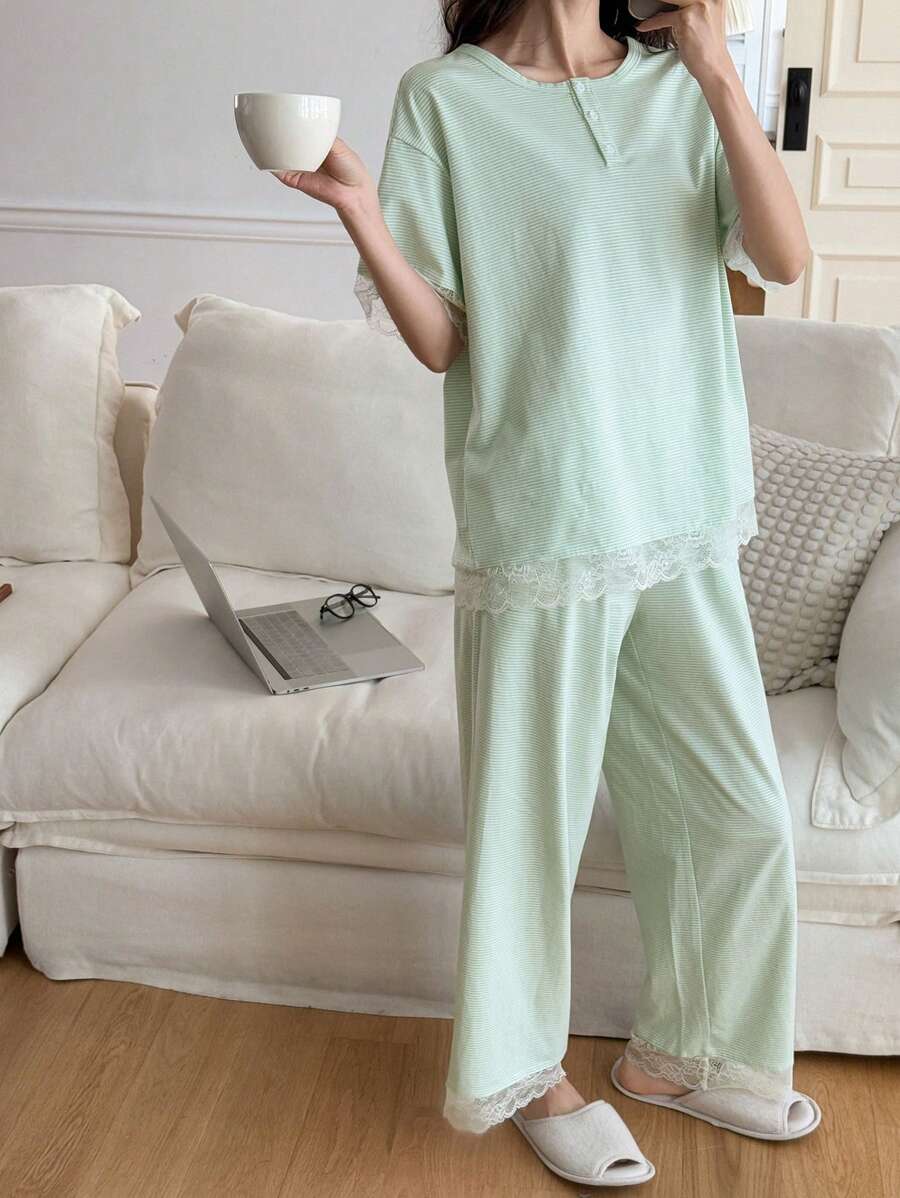 DAZY 2 件套女士条纹宽松短袖睡衣套装 - 綠色 - 查看 1