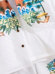 SHEIN Leap Crew 2 件儿童年轻男孩休闲学院风舒适、时尚、简约、实用、百搭、柔软舒适、度假风格图案透气舒适、白色短袖衬衫和短裤适合日常使用、度假、海边、学校、旅行、运动、春夏季节 - 白色 - 查看 8