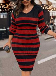 SHEIN LUNE Women Plus Size V-Neck Striped Fitted Sweater Dress, Autumn/Winter