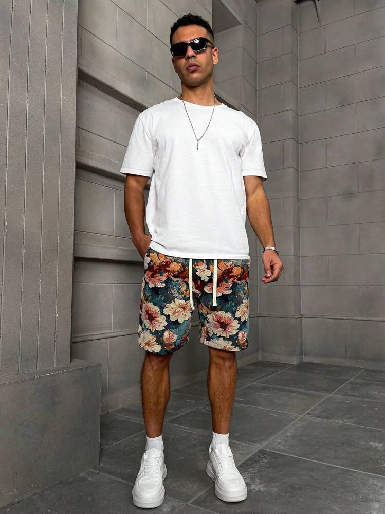 Manfinity Homme Men's Vacation Casual Style INS Jacquard Floral Pattern Casual Shorts, Gift For Boyfriends Or Husbands - Multicolor - View 5