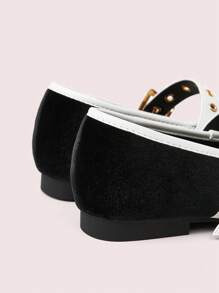 CUCCOO DOLLMOD Round Toe Suede Patchwork Metal Buckle Bow Ballet Flat Soft-Soled Loafers For Women Spring Shoes Spring Break Easter - Black and White - View 7