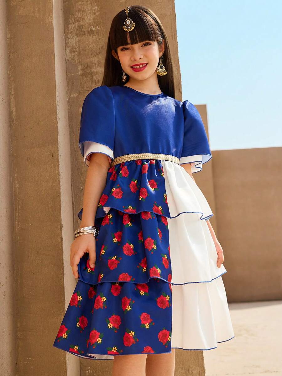 Tween Girl Elegant Blue And White Flower Splicing Dress,Summer Ruffled Trim Contrast Color Plaid Print Party Dress,Comfortable Soft Fabric For School - Black and White - View 1