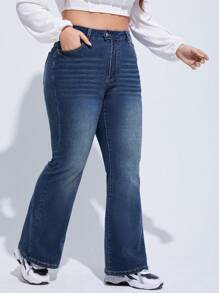 SHEIN CURVE+ Plus Size Women's Elastic Vintage Slim Fit Flare Jeans - Blue - View 4