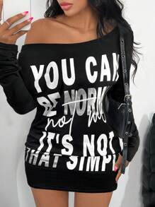 SHEIN SXY Vintage Y2K Midriff-Flashing Letter Print Asymmetric Shoulder Sexy Mini Dress
