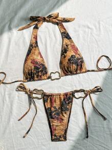 Soleia Vintage bunter bedruckter Metalldekoration Badeanzug Set zum Binden, für Strand und Sommerurlaub - Verschiedenfarbig - Übersicht 5
