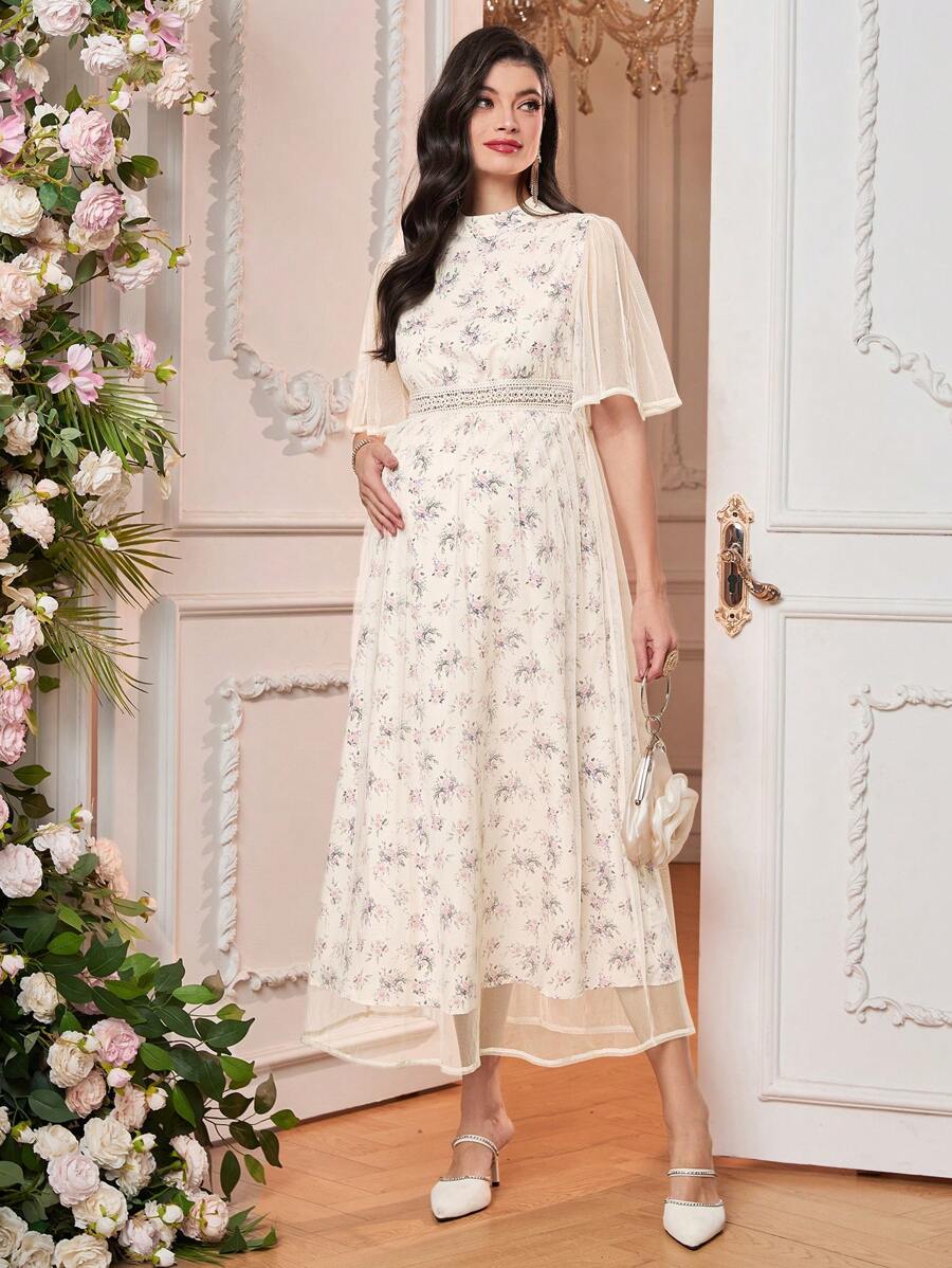 SHEIN 孕妇优雅圆领花卉印花长裙