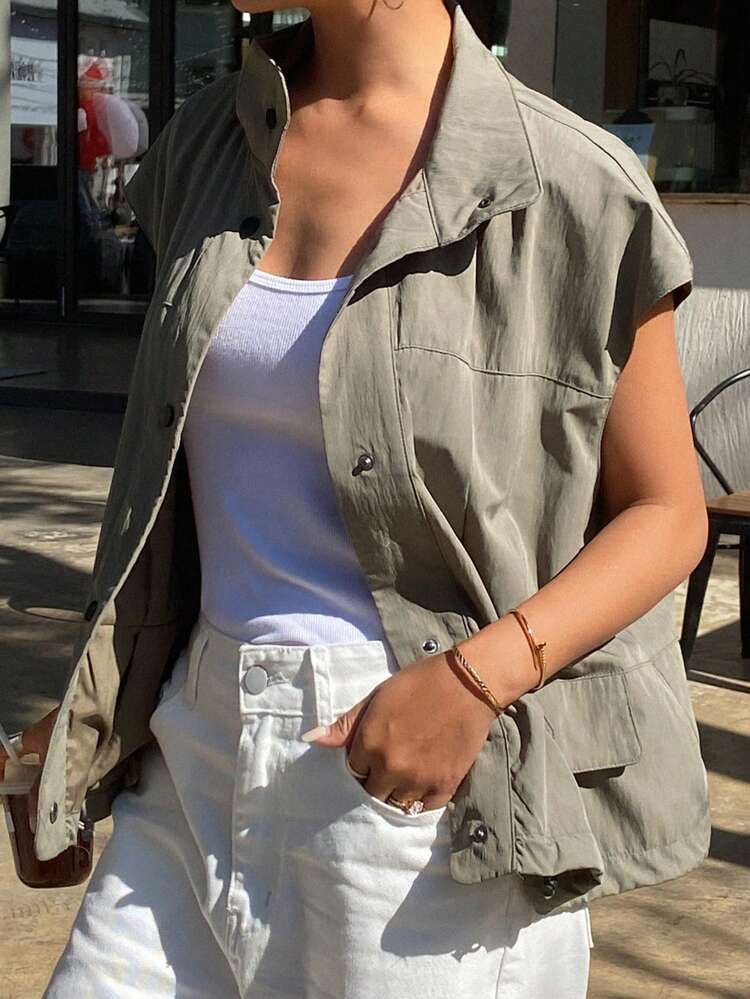 Women Sleeveless Solid Color Jacket, Simple Fashionable Casual Daily Wear