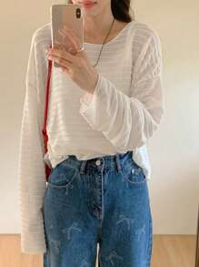 DAZY Áo thun tay dài bán trong suốt họa tiết dành cho nữ, áo thun cơ bản màu trơn thường ngày, quần áo nữ mùa thu - trắng - Xem 4