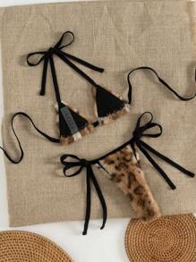 Swim Vcay 2 Pieces Leopard Plush Sexy Women Bikini Set Beach Outfit, For Summer Vacation