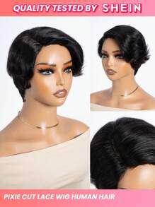 精灵剪裁蕾丝假发 人发 自然黑色短指波浪精灵假发 带侧边蕾丝部分 无胶短波浪假发 佩戴即用 - S1 - 查看 1