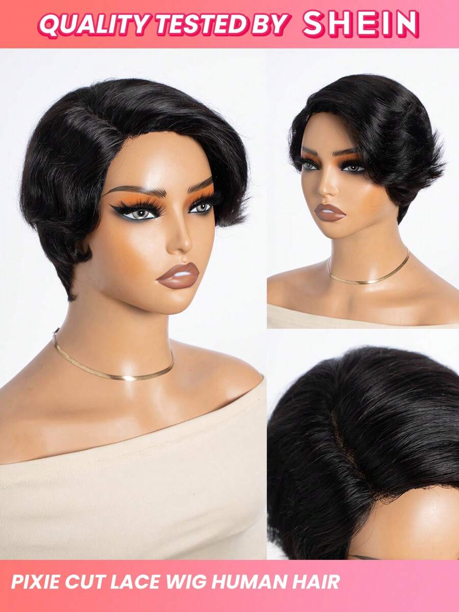 精灵剪裁蕾丝假发 人发 自然黑色短指波浪精灵假发 带侧边蕾丝部分 无胶短波浪假发 佩戴即用 - S1 - 查看 1