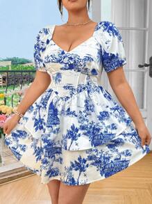 Celure Vestido casual de manga corta con cuello de corazón y estampado, estilo corpiño para tallas grandes en verano