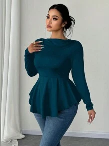 SHEIN Unity Plus Size Women Off Shoulder Long Sleeve A-Line Waist T-Shirt - Teal Blue - View 3