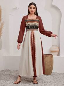 Al Najma 女式几何印花方领灯笼袖阿拉伯连衣裙，端庄 - 棕色 - 查看 3