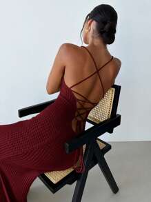 Firerie Women Casual Elegant Fashion Sexy Criss-Cross Backless Cutout High Slit Midi Knit Dress - Burgundy - View 7